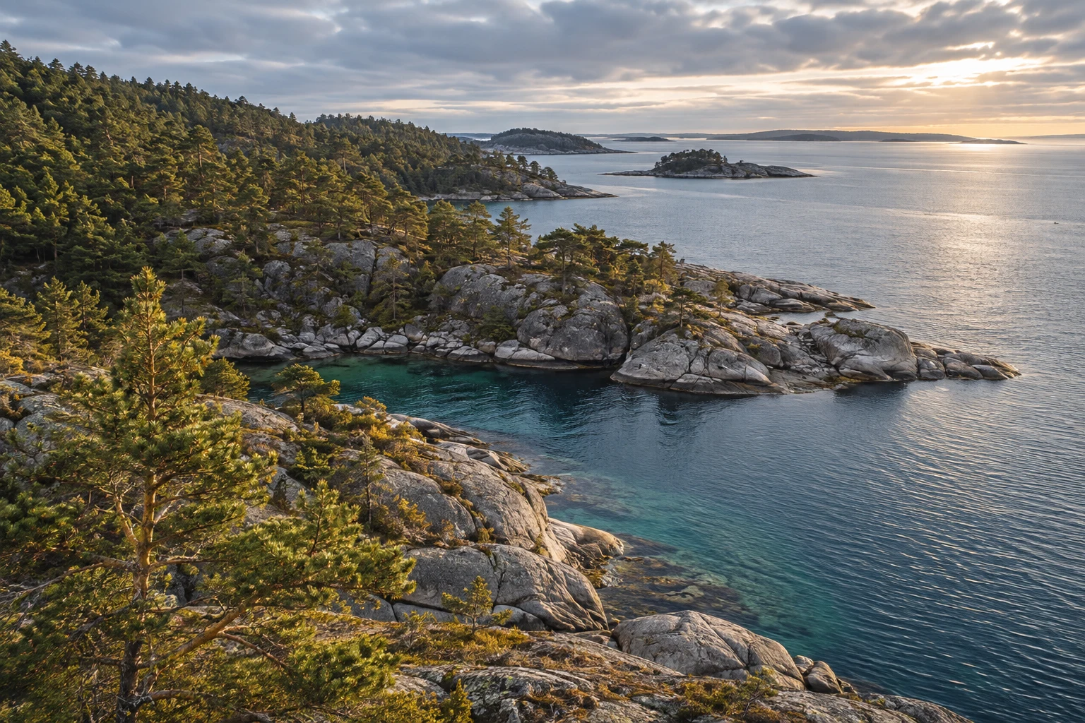 Furuskog, svaberg og sjø i et nordisk kystlandskap