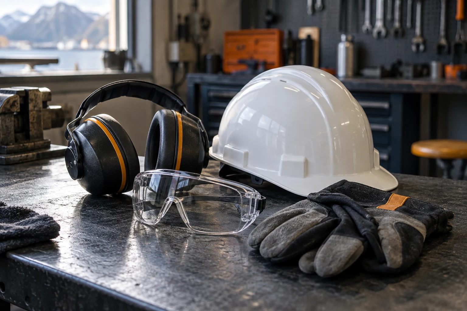 Hjelm, vernebriller, hørselsvern og arbeidshansker